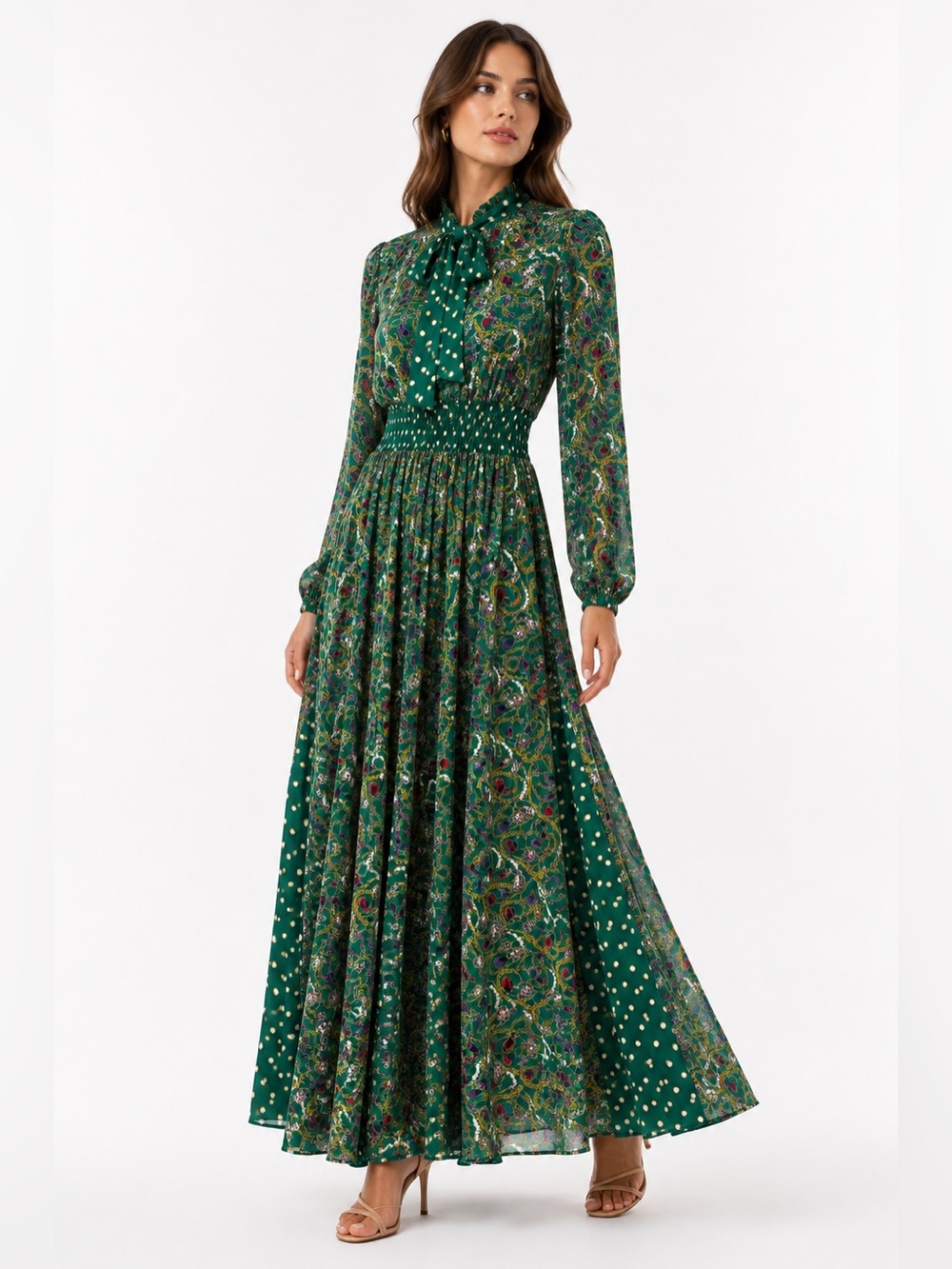 Mae Tee Original Vintage Jewel Chain Print Maxi Dress Green Scarf Neck
